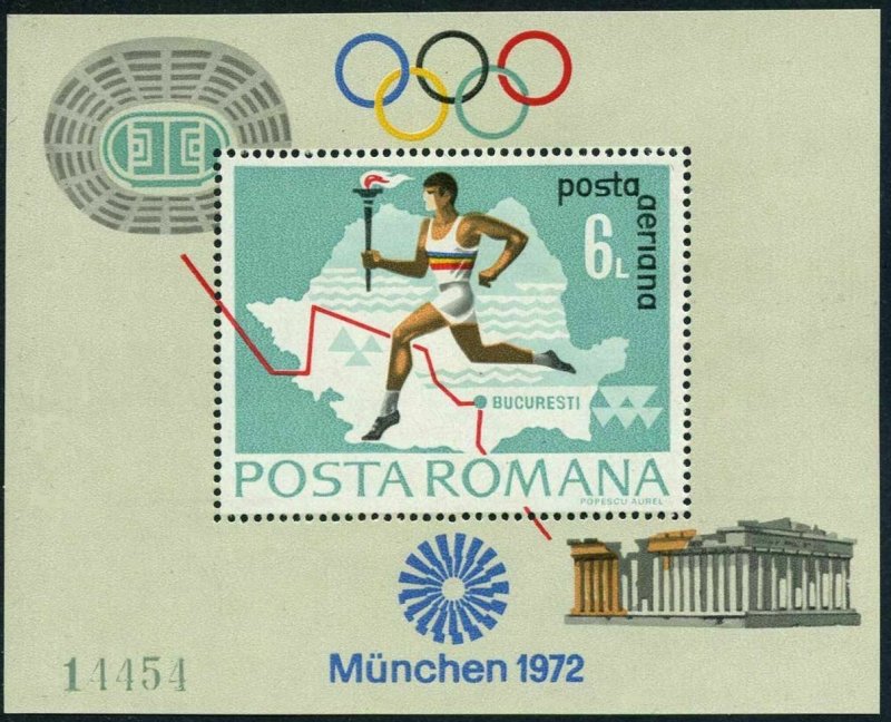 Romania C186-C187 sheets,MNH. Olympics Munich-1972.Torchbearer,map;Soccer.