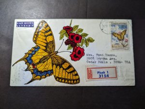 1962 Registered Czechoslovakia Hand Painted Airmail Cover Pisek to IA USA