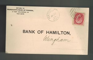 1901 Hanover Canada Postcard Cover Merchants Bank to Bank of hamilton Wingham