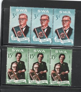South West Africa Scott 312a, 312b, 312c & 313a, 313b, 313c Strips of 3 MNH OG