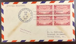 C22 No cachet 50 c China Clipper FDC 1937 w/Block of 4 Sent Special Delivery