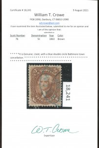 U.S. #76 USED WITH CROWE CERT
