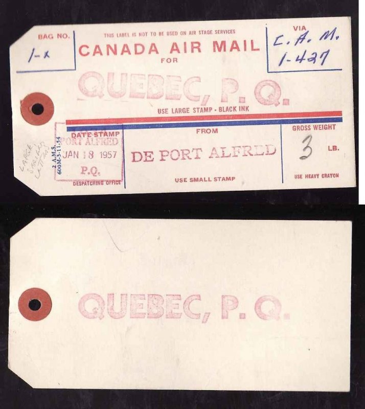 Canada-airmail bag tag - Port Alfred PQ - Jan 18 1957-