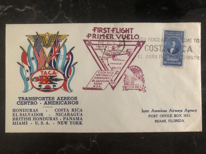 1943 San Jose First Flight Cover FFC To Miami FL USA  TACA Airlines