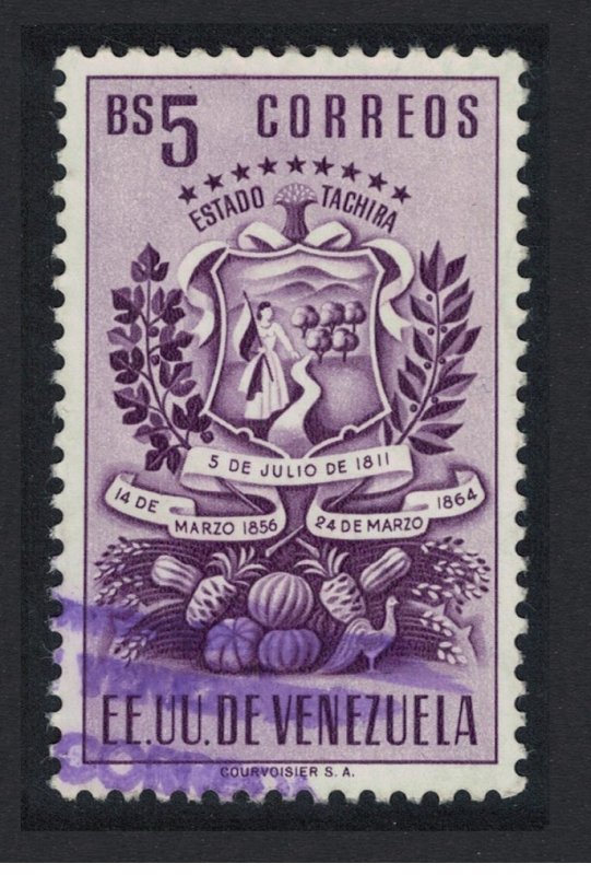 Venezuela Arms issue State of Tachira 5Bs Postage KEY VALUE 1951 Canc