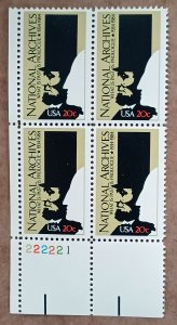 United States #2081 20c National Archives MNH block of 4 plate #222221 (1984)