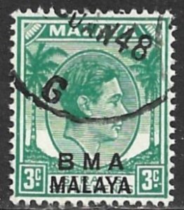 STRAITS SETTLEMENTS BMA 1945-48 KGVI 3c Green Scott No. 258 VFU