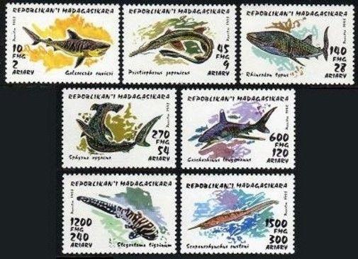 Malagasy 1280-1286,1287,MNH.Michel 1527-1533,Bl.210. Sharks 1993.