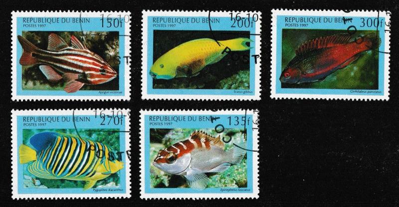 Benin Brilliant-Colored Tropical Fish cancelled set (5 stamps) 1997