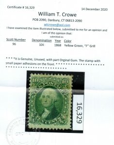 USA #96 Mint Fine F Grill With Large Part Original Gum Hinged *W\ Certificate*