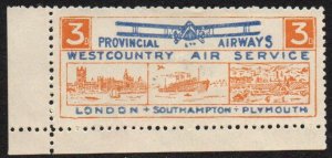Great Britain - Provincial Airways West Country 3d Air mail Mint no gum
