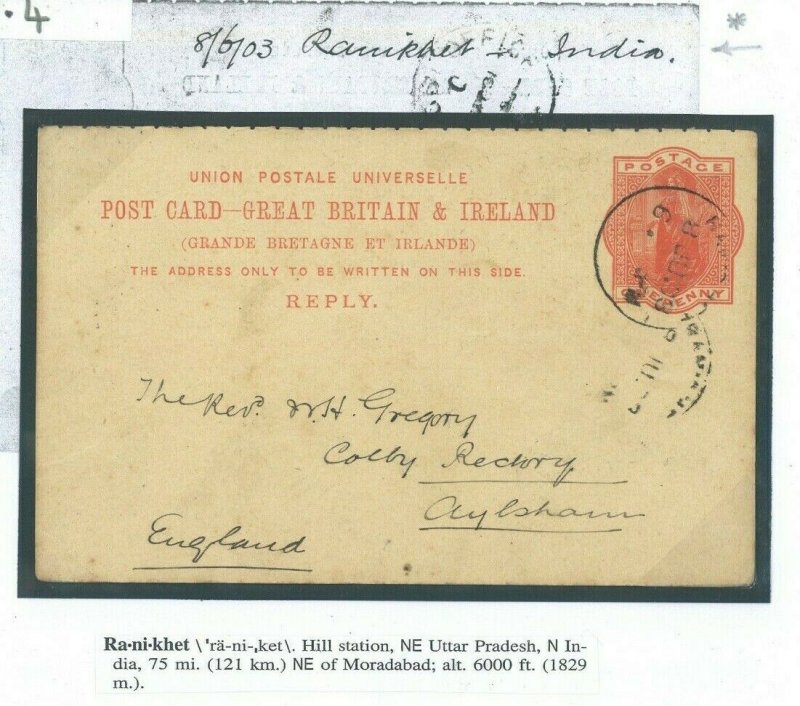 GB REPLY Card Used Abroad *Ranikhet* INDIA HILL STATION 1903 Retour Norfolk 32.4