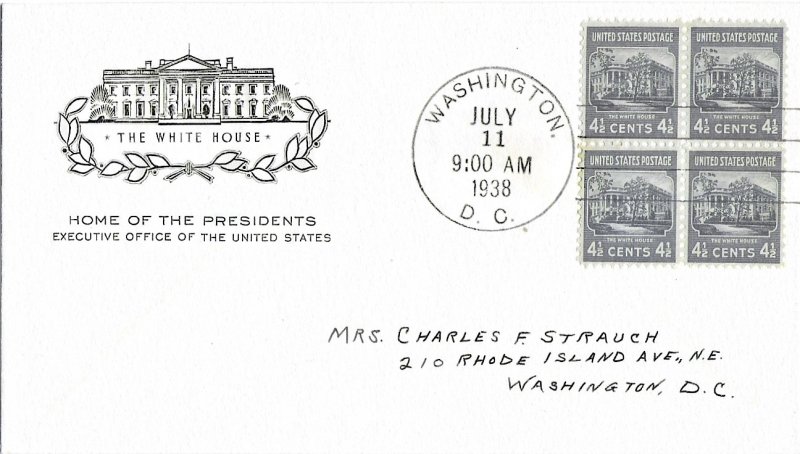 #809 Prexie FDC, 4-1/2c White House, House of Farnam cachet, block of 4