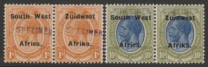 SOUTH WEST AFRICA 1923 setting VI KGV 1/- & 10/- pairs SPECIMEN.