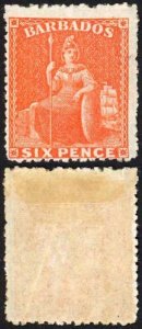 Barbados SG31 6d Bright Orange-vermilion Rough Perf M/M No Wmk Cat 180 pounds