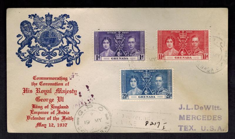 1937 Grenada first day cover to USA King George 6 KGVI Coronation Cachet FDC