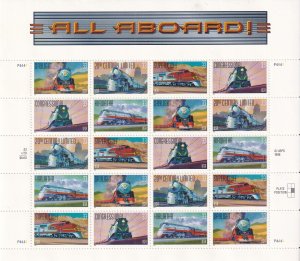 Sc# 3333 / 3337 1999 U.S 33¢ All Aboard train locomotives sheet MNH CV $15.50