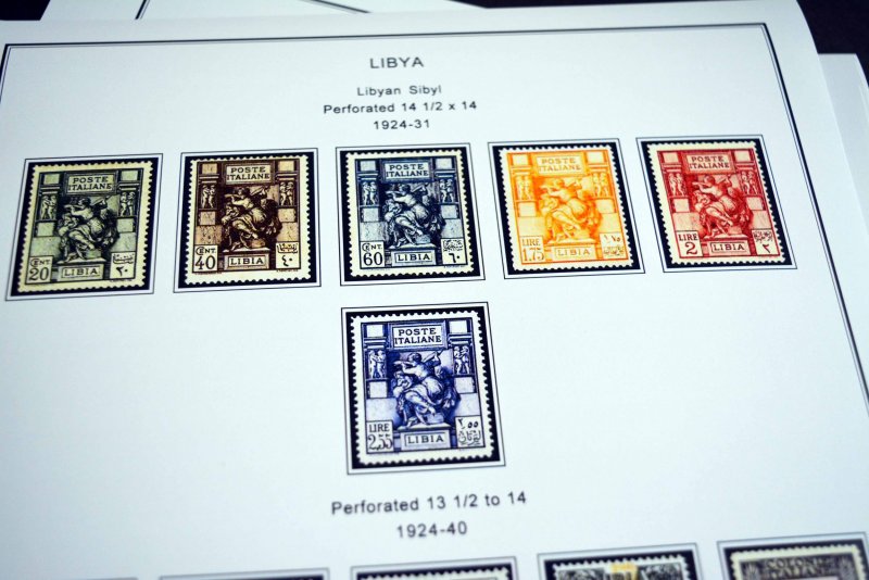 COLOR PRINTED ITALIAN LIBYA 1912-1942 STAMP ALBUM PAGES (24 illustrated pages)