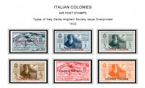 COLOR PRINTED ITALIAN COLONIES 1932-1934 STAMP ALBUM PAGES (8 illustrated pages)