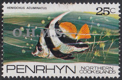 Penrhyn 1978 MH Sc #O11 O.M.H.S. on 25c Heniochus acuminatus Fish