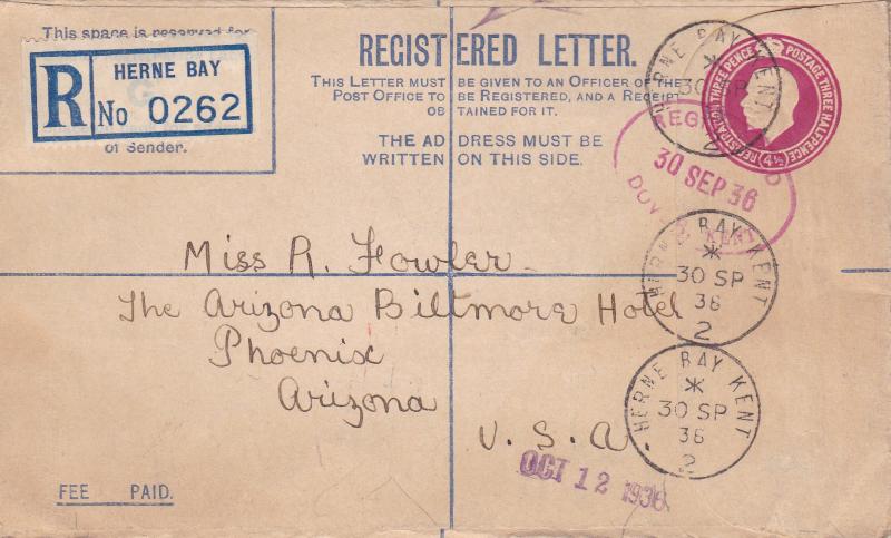 Great Britain 1936 4 1/2d KGV Registration Envelope Herne Bay Kent- Phoenix, AZ.