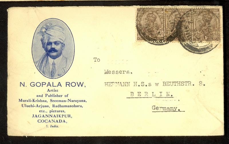 INDIA 1925 N. GOPALA ROW Artist Cachet Cover Coconada to Berlin Germany 3x1a KGV