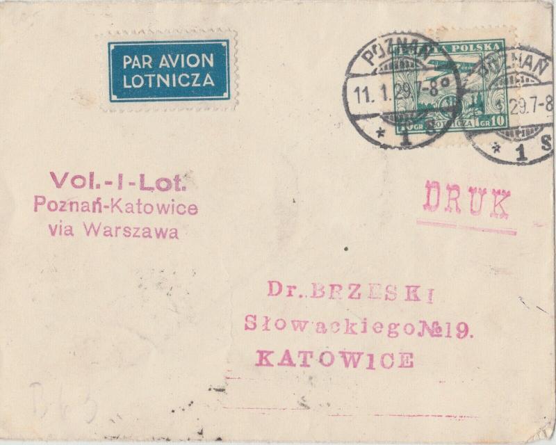 POLOGNE / POLAND 1929 (Jan 11) SCARCE 1st Air Mail Flight Cover POZNAN-KATOWICE