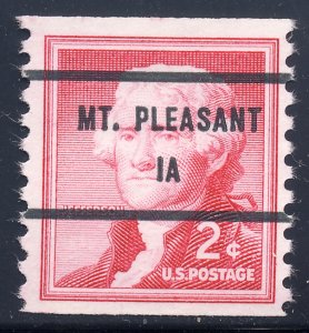 Mount Pleasant IA, 1055-81A Bureau Precancel, 2¢ coil Jefferson