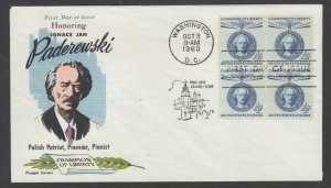 US Mel 1159-18 FDC. 1960 4c Paderewski Champion of Liberty, Fluegel cachet, VF