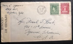 1941 St Johns Newfoundland Censored Cover FFC To Monroe WI USA