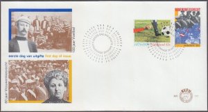 NETHERLANDS Sc # 590-1 FDC SOCCER, and 60th ANN of JACOBS SUFFRAGETTE ACT