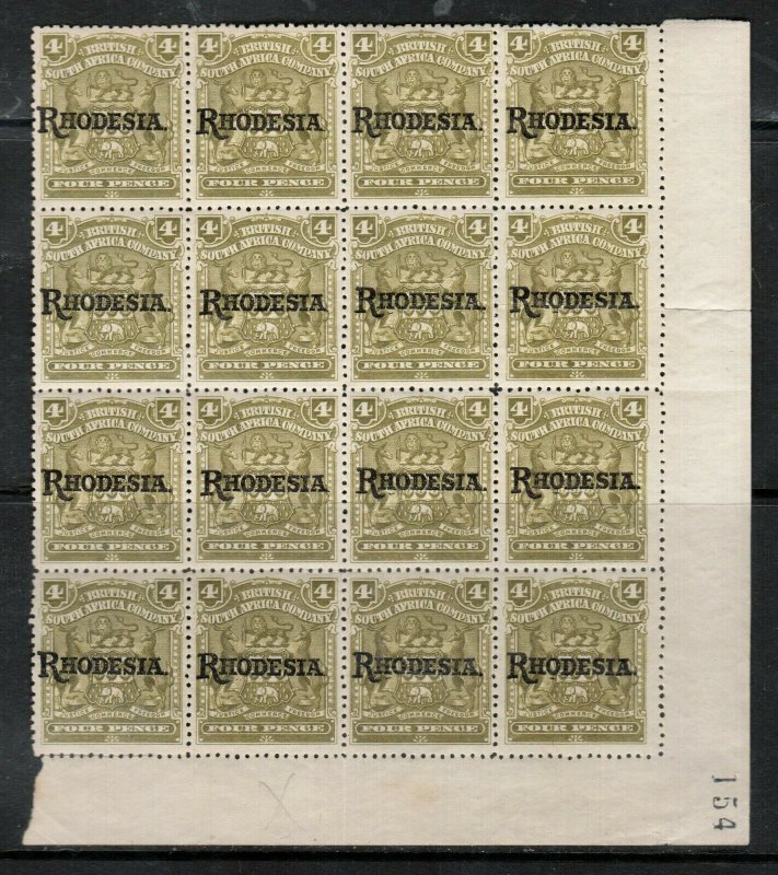 Rhodesia #86c (SG #104a) Very Fine Mint Block Of Sixteen Without Period Variety 