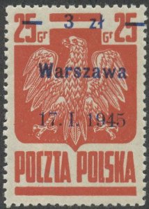 Poland 347 MNH Dull Red Variety - 1945 Issue - Signed Walocha