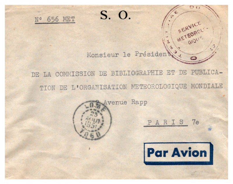 Togo Official Free Mail 1951 Lome, Togo Airmail to Paris, France with Printed...