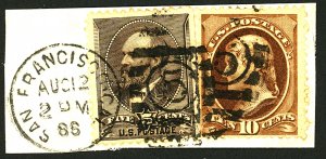 U.S. #205 AND 188 USED TWO STAMPS ON PIECE