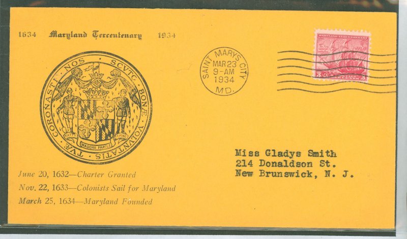 US 736 1934 3c Maryland Tercentenary (single) on an addressed (typed) first day cover with historical cover, club (first) cachet