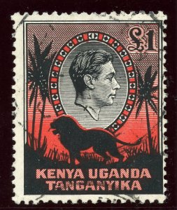 K.U.T. 1938 KGVI £1 black & red (Perf 11¾x13) very fine used. SG 150. Sc 85a.