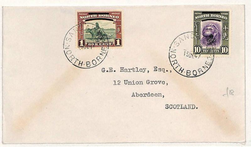 NORTH BORNEO *Sandakan* Cover Aberdeen Scotland 1947 {samwells-covers}W58