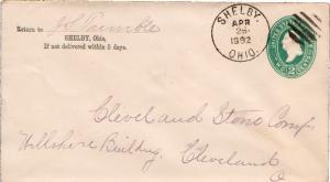 United States Ohio Shelby 1892 circular grid  Postal Stationery Envelope.