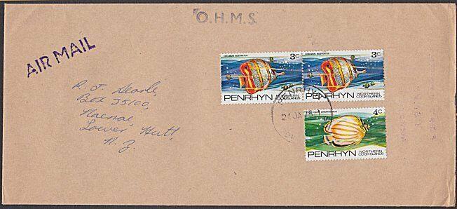 PENRHYN IS 1975 OHMS cover to New Zealand - Fish franking..................29090