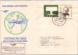 GERMANY 1958 CACHET LUFTHANSA COMM FIRST FLIGHT COVER CANC HAMBURG ADDR CHILE