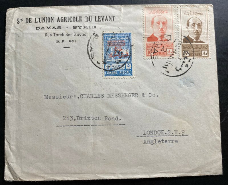 1948 Damascus agricultural Union Cover To London England Fiscal Stamp 