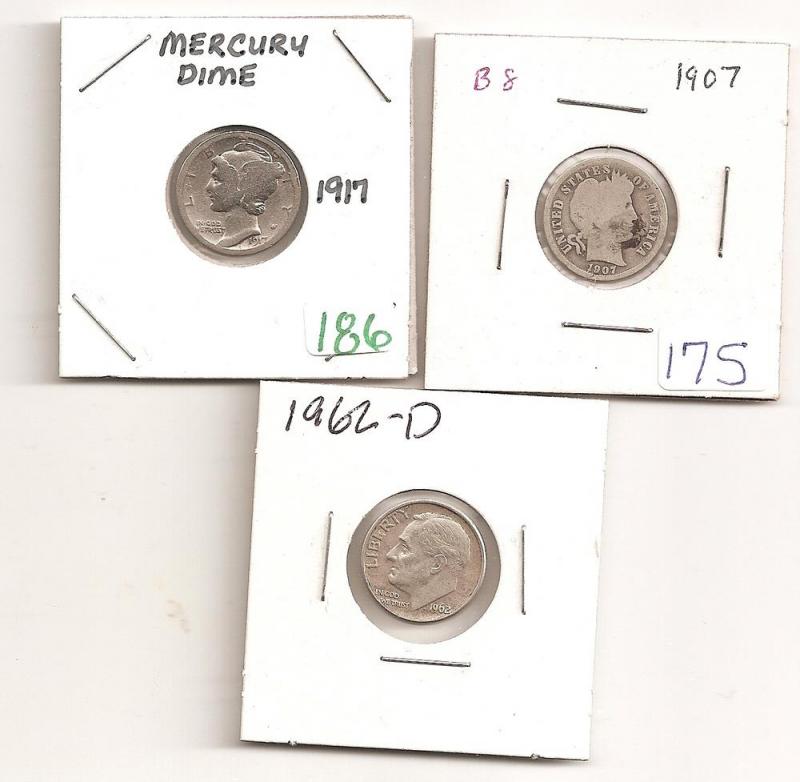 3 Different type Silver Dimes Barber,Mercury and Roosevelt