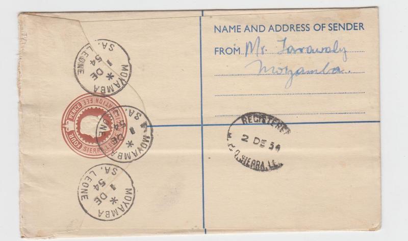 SIERRA LEONE -SCOTLAND 1954 GV1 REG 4d ENVELOPE(1/3 ADD) MAYAMBA CDS(SEE BELOW)