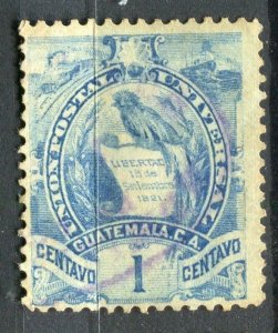 GUATEMALA; 1886 classic Quetzal Coat of Arms issue fine used 1c. value