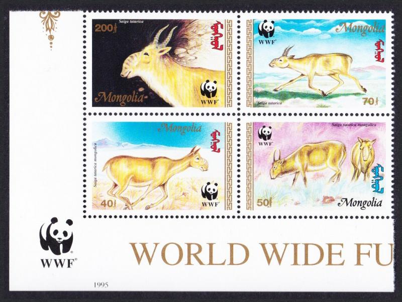 Mongolia WWF Saiga Bottom Left Block of 4 with WWF Logo SG#2497/500 SC#2209-12