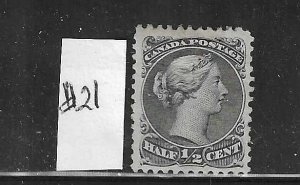 CANADA SCOTT #21 1868-76 LARGE QUEEN 1/2C (BLACK) PERF 12- MINT HINGED