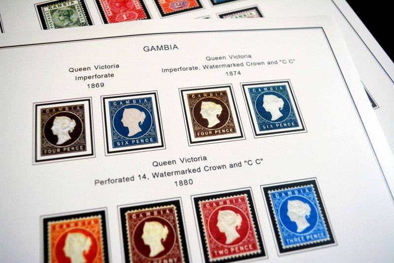 COLOR PRINTED GAMBIA 1869-1965 STAMP ALBUM PAGES (12 illustrated pages)