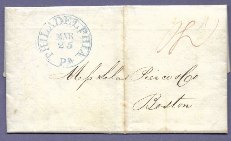 PHILADELPHIA, Pa. 1842  STAMPLESS FOLDED LETTER, US POSTAL HISTORY COVER.