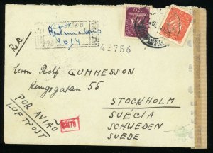 Portugal to Sweden Registered Airmail Cover Germany Censor Examined 1944 WWII